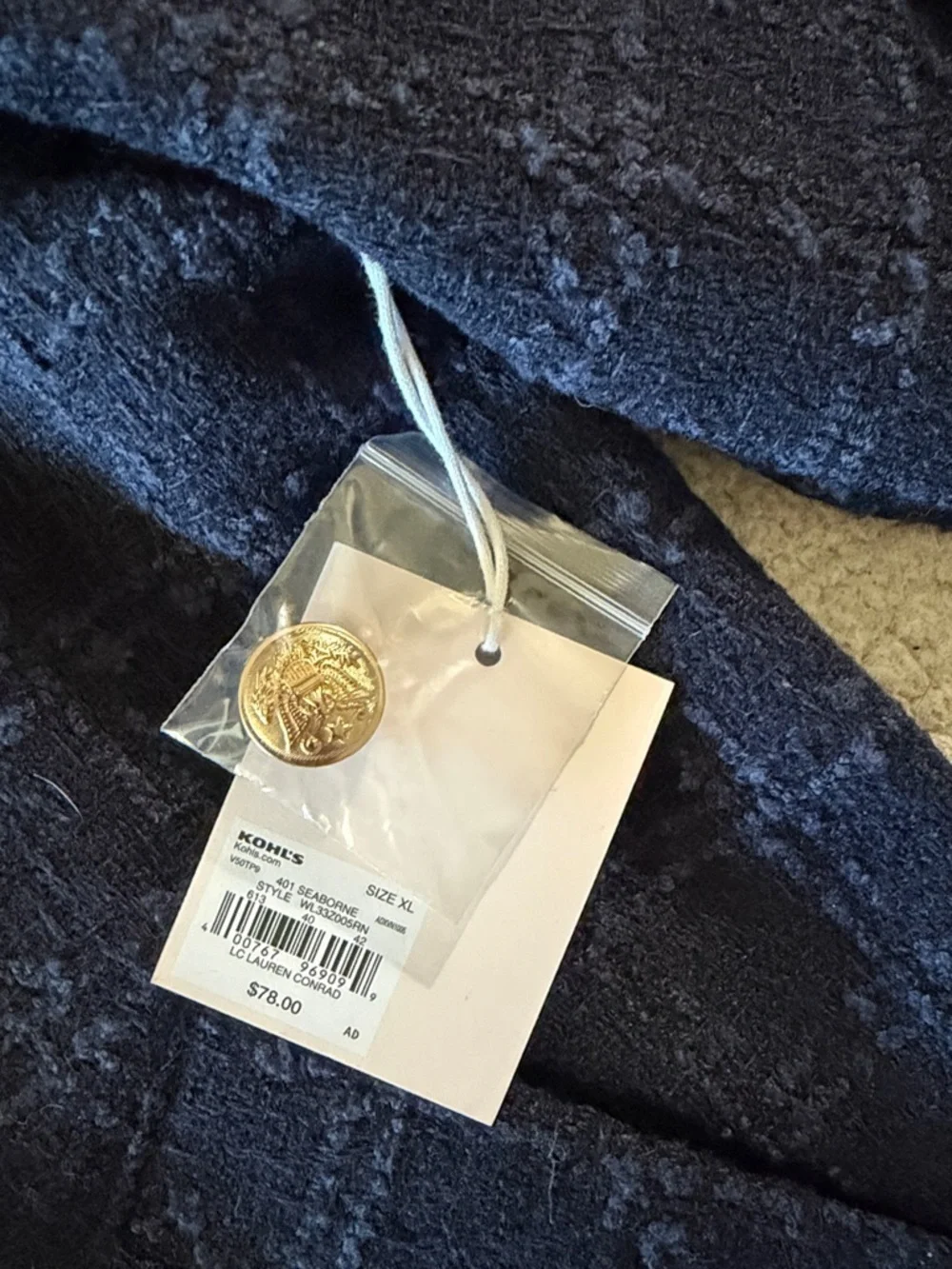LC Lauren Conrad Navy Tweed Double-Breasted Peacoat with Gold Buttons XL New